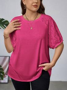 SHEIN Essnce Plus Size Women Top, Mixed Fabric Design - Hot Pink - View 4