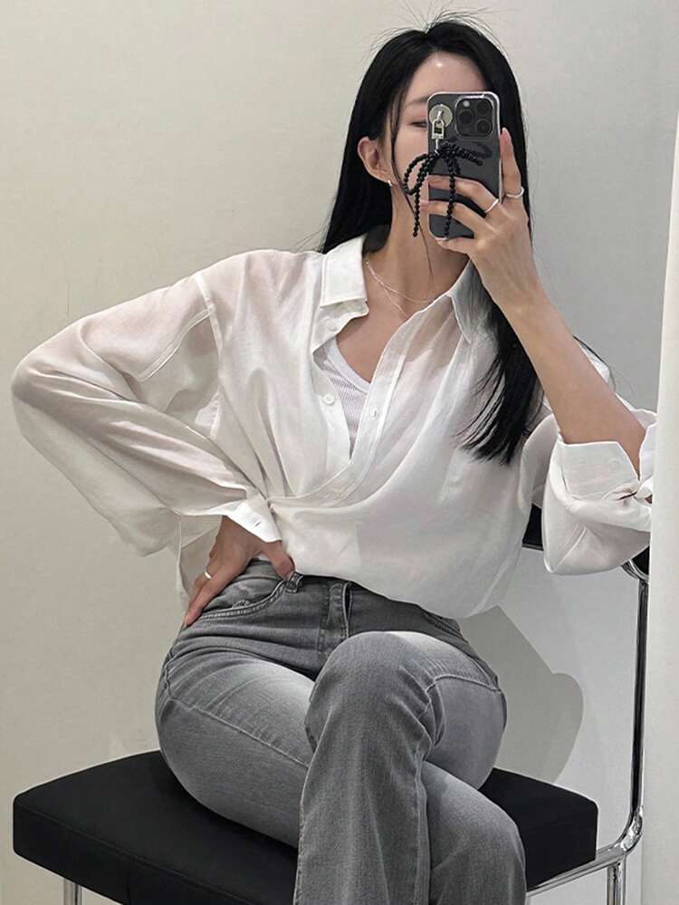 Loose Fit Turn-Down Collar Plain White Long Sleeve Shirt Business Women Attire