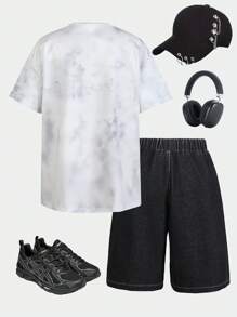 2 件套 Tween Boy 活力扎染字母印花圆领 T 恤和宽松牛仔裤套装，适合日常穿着、派对、音乐节、学校、度假 - 彩色 - 查看 2