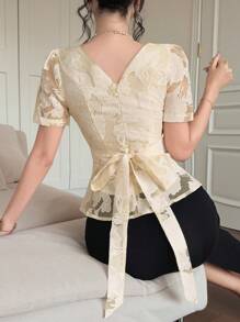 DAZY Blusa elegante de mujer con cuello en V de encaje y mangas abombadas