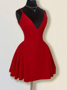 SHEIN ICON 纯红色迷你 A 字形蓬松深 V 领性感优雅腰部露背褶皱鸡尾酒礼服，适合约会之夜/派对 - 紅色 - 查看 3