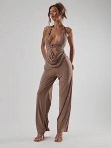 MUSERA 露背深V阔腿连体裤，波西米亚风优雅夏季度假风 - 摩卡棕 - 查看 4