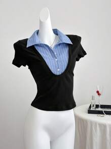 Muchica Women's Casual Patchwork Color Blocking Shirt 2 In 1 Fitted T-Shirt - Multicolor - View 8