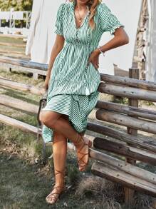 Breezaya 垂直条纹荷叶边袖流苏系带领口荷叶边下摆连衣裙长款女装 - 綠色 - 查看 3