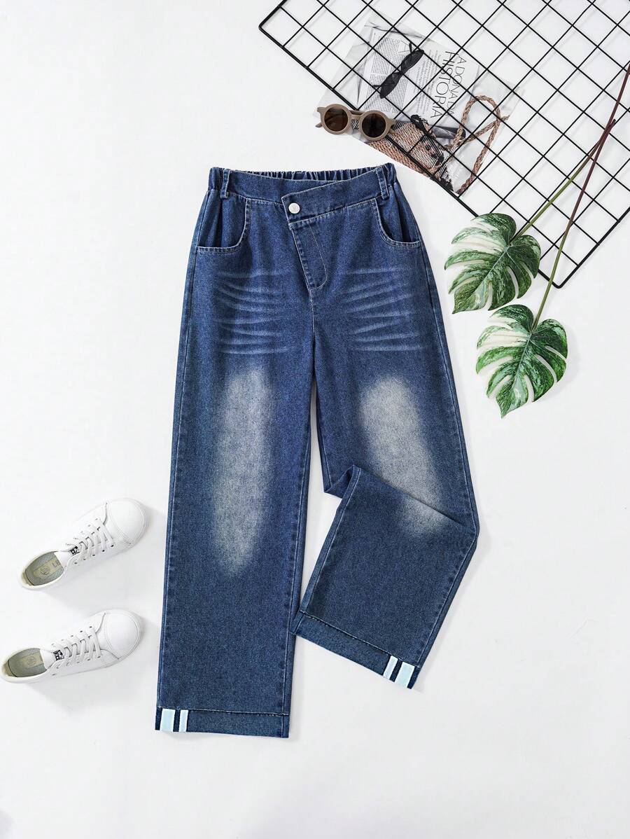 SHEIN Tween Girls Loose Casual Simple Style Pants, Suitable For Summer - Blue - View 1