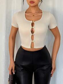 SHEIN ChicEase Áo thun nữ cổ tròn tay ngắn màu trơn thường ngày, thích hợp cho mùa hè, thiết kế khoét lỗ - Màu be - Xem 5