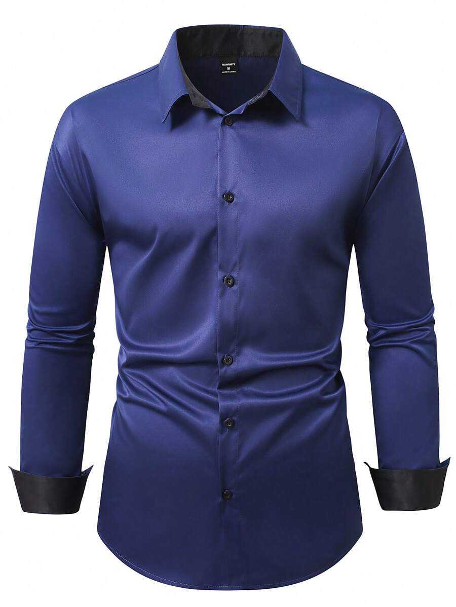 Manfinity Mode Camisa de manga larga de ajuste holgado para hombre de un solo color - Azul Marino - Ver 1