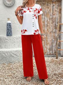 EMERY ROSE Bộ đồ hai mảnh in hoa cổ tròn tay ngắn màu trơn dành cho nữ và quần ống rộng cho mùa hè - Đỏ - Xem 3