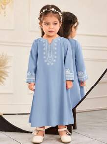 SHEIN Baby Girl Loose Casual Minimalist Long Sleeve Print Long Dress - Blue - View 7