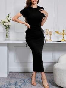 Modelyn 女士圆领短袖系腰修身紧身连衣裙长款女士装长款晚礼服 - 黑色 - 查看 7
