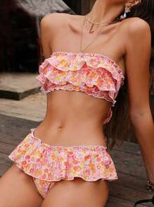 Swim Mod Conjunto de bikini tipo bandeau con estampado floral para mujer, traje de baño casual de vacaciones con falda corta de talle bajo