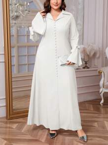 SHEIN Privé Plus Size Spring/Autumn Elegant Shirt Collar V-Neck Ruffle Sleeve Tied Bow Loose High Tolerance Dress, Red, Long Sleeve For Women - White - View 4