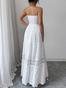 Elenzga 女士无袖荷叶边腰部镂空蕾丝拼接A字连衣裙，春夏款 - 白色 - 查看 3