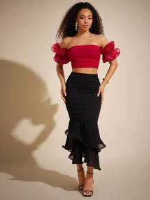 Vixey Off Shoulder Ruffle Sleeve Sweetheart Mesh Top, Spring, Summer For Women, Summer Tops, Easter Women - Red - View 1