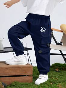 SHEIN Tween Boys' Casual Sports Graphic Patch Pocket Loose Drawstring Pants, Suitable For Commuting, School, Daily Casual, Travel, Sports, Spring/Summer/Autumn/Winter - Navy Blue - View 3