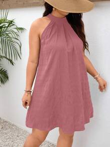 SHEIN Frenchy 大码度假休闲风格纹理格子 A 字短款吊带连衣裙 - 粉色 - 查看 5