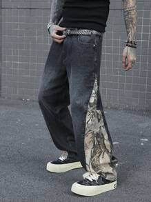 Manfinity EMRG Plus Size Men's Printed Patchwork Casual Denim Jeans - Black - View 6
