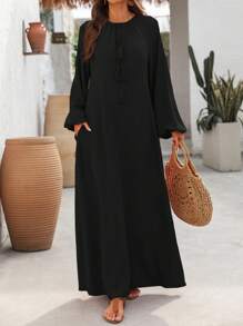 EMERY ROSE Women's Solid Color Front Tie Pocket Decor Long Casual Loose Dress - Black - View 6