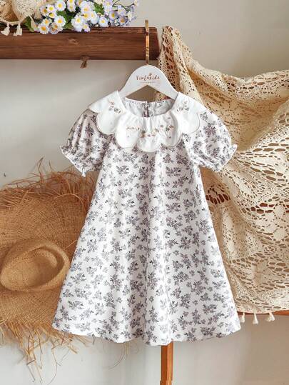 Vintaside Kids 1pc Young Girls Ditsy Floral Peter Pan Collar Short Sleeve Casual Dress, Embroidered Flower Collar, Lantern Sleeves, Soft Comfortable Cute Dress Suitable For Spring/Summer Outdoor, Daily, Travel