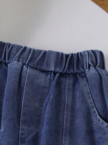 SHEIN 2 件装女童（幼儿）白色插肩袖蝴蝶结上衣和牛仔裤套装，夏季时尚休闲装 - 白色 - 查看 6