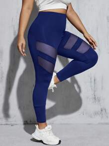 SHEIN Essnce Plus Size Navy Blue Knitted Fabric Leggings With Contrast Mesh Panels For A Casual Style - Navy Blue - View 3