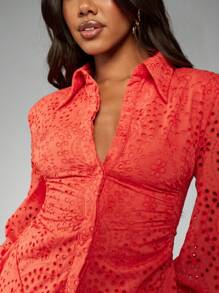 MISSGUIDED Broderie Anglaise Party Mini Dress Ruched Waist Long Sleeve Button Down Collared Summer Spring Asymmetrical Eyelet Flare - Coral Orange - View 3