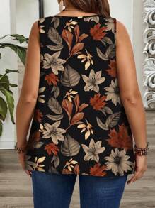EMERY ROSE Camiseta de tirantes holgada con estampado de hojas y flores en estilo minimalista, adecuada para talla grande, primavera/verano y salidas, vacaciones - Multicolor - Ver 2