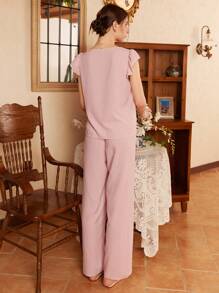 2pcs Women Lace Round Neck Pajama Set - Dusty Pink - View 4