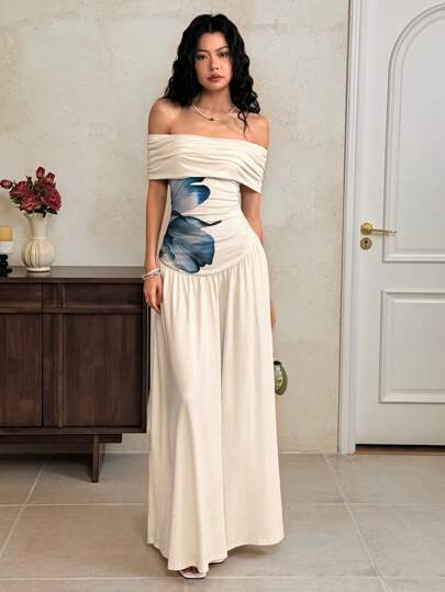 EastFlair 女士优雅花卉印花露肩连衣裙