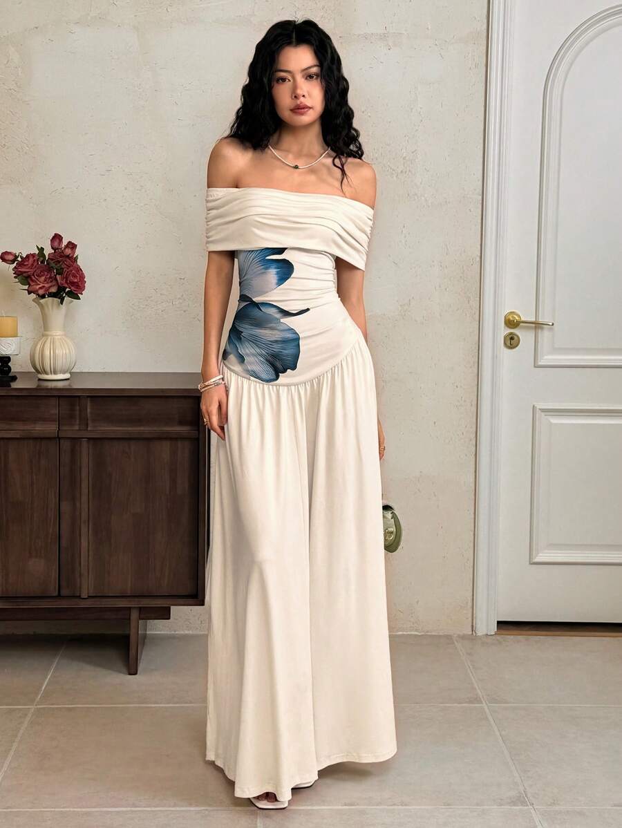 EastFlair 女士优雅花卉印花露肩连衣裙