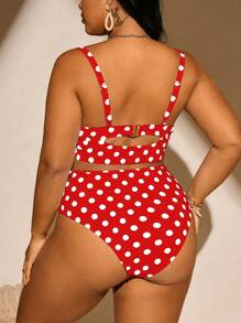 Swim Mod Plus Size Women Polka Dot Print Spaghetti Strap Push Up Swimwear Set For Summer Beach Vacation - Red - View 2