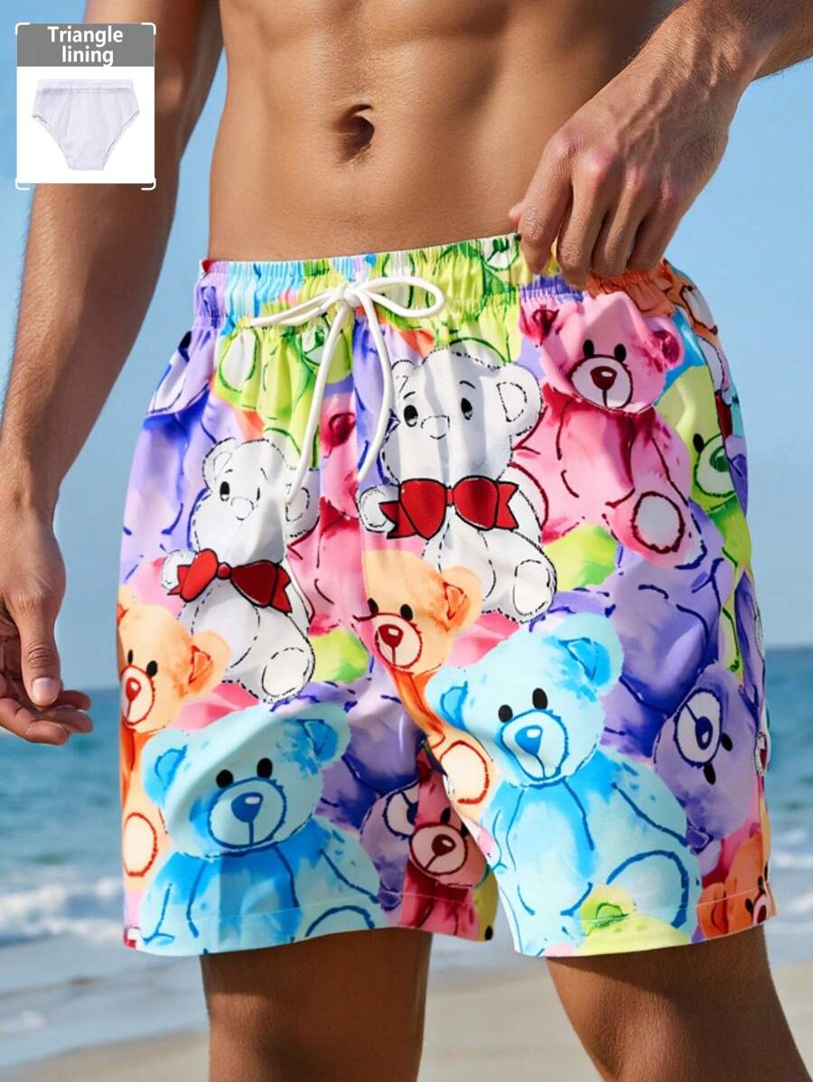 Manfinity Swimmode Men's Drawstring Waist Cartoon Bear Print Beach Shorts Man Swim Trunks - Multicolor - View 1