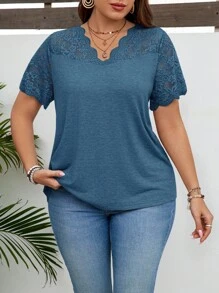 SHEIN LUNE Plus Summer Women Contrast Lace Scallop Trim Tee - Teal Blue - View 4