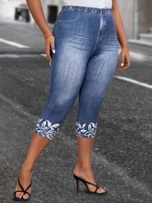 EMERY ROSE 牛仔效果和花卉印花夏季紧身裤