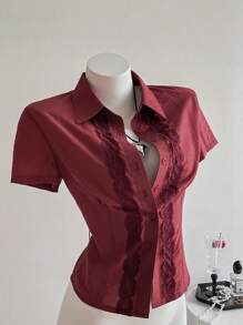 Elamini 纯色复古蕾丝拼布纯色修身短袖女式衬衫