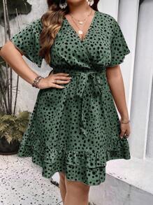 SHEIN Holidaya Plus Allover Print Ruffle Hem Belted Dress For New Year Clothes - Green - View 1