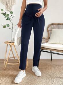 SHEIN Maternity High Waist Cone Pants, Casual Solid Color Versatile - Navy Blue - View 6