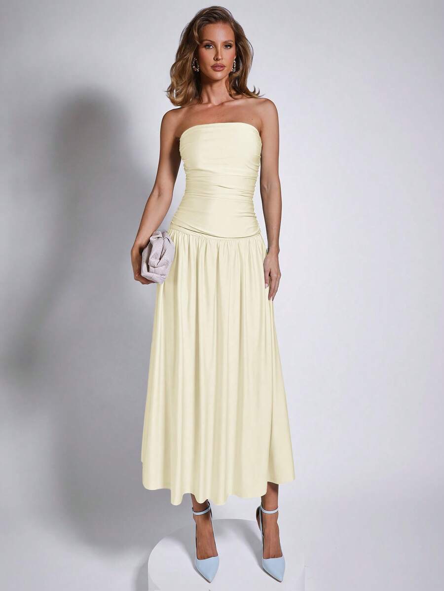 COSMINA 优雅褶饰蓝色中长无袖连衣裙，春夏款 - 杏色 - 查看 1