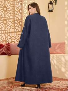 Al Najma 加大码女式优雅春秋立领时尚刺绣设计阿拉伯长袍、长袍、端庄 - 藏蓝色 - 查看 2