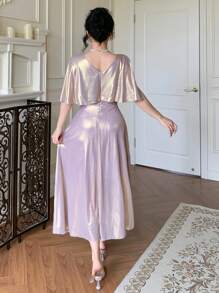 DAZY 女士纯色 V 领中长连衣裙，简约时尚，适合夏季舞会礼服优雅太阳裙、正式女士连衣裙 - 淡紫色 - 查看 2