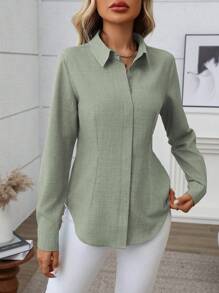EMERY ROSE Casual Solid Color Long Sleeve Shirt, Suitable For Commuting Fall Cloth For Women - Green - View 3