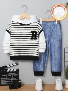 男童條紋拼接休閒輕鬆假兩件帽t加牛仔印花圖案針織長褲 - 彩色 - 查看 1
