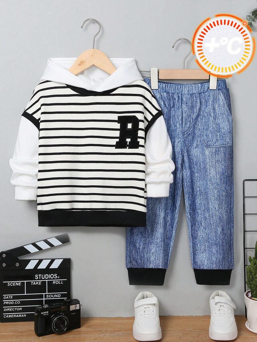 男童條紋拼接休閒輕鬆假兩件帽t加牛仔印花圖案針織長褲 - 彩色 - 查看 1
