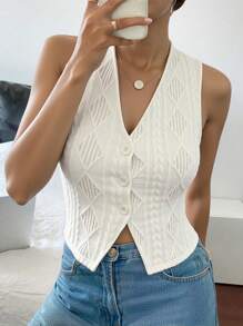 SHEIN Frenchy Women's Solid Color Front Button Sleeveless, Torsion Texture Short Tank Top,Knit Slim Tank Top,Summer Tank Tops,Casual Daily Wear,Suitable For Spring, Summer And Autumn - Apricot - View 1