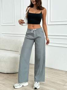 SHEIN Cottnline Women's Solid Drawstring Low Waist Parachute Pants - Grey - View 6