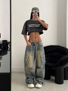 StreetHx Women Streetwear Solid Color Tie-Dye Short Sleeve T-Shirt, Spring/Summer - Black - View 1