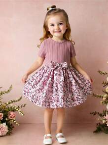 Young Girl Casual Ditsy Floral Ribbed Long Sleeve Dress - Dusty Pink - View 1