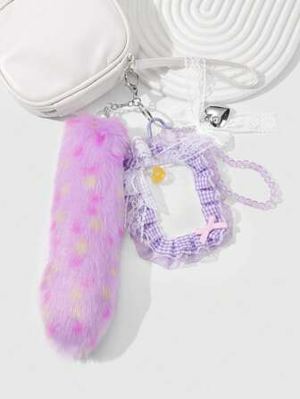 Kawaii 1pc Korean Fashion Versatile Elegant Handcrafted Purple Fuzzy Pom Pom Animal Tail, Faux Crystal Cat Eye Beads, White Mesh Bow, CCB Rhinestone Heart Star Flower Keychain & Card Holder Accessories, Suitable For Women And Girls Daily Wear, Gift
