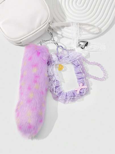 Kawaii 1pc Korean Fashion Versatile Elegant Handcrafted Purple Fuzzy Pom Pom Animal Tail, Faux Crystal Cat Eye Beads, White Mesh Bow, CCB Rhinestone Heart Star Flower Keychain & Card Holder Accessories, Suitable For Women And Girls Daily Wear, Gift