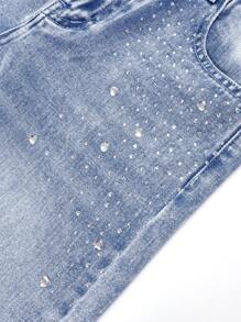Tween Girl' Fashionable Casual Rhinestone Washed Denim Straight Leg Jeans - Medium Wash - View 3